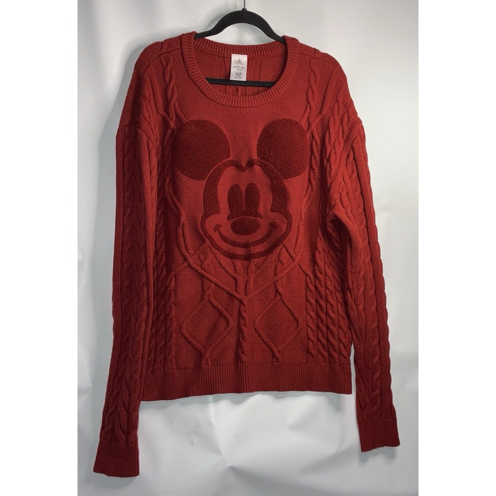 Disney Mickey Mouse Sweater Mens XL Red Cable Knit Pullover Crew Preppy Retro